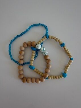 Boho Turquoise & Natural Wood Beaded Bracelet Set